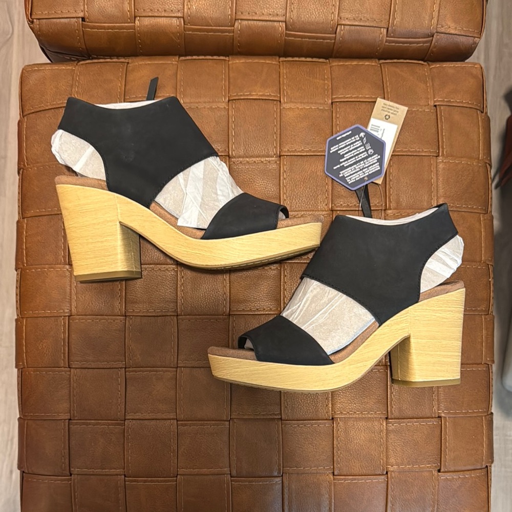Toms Black and Tan Heels with Chunky Platform